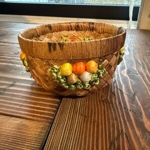 Handwoven Decorative Natural Basket with Orange & Yellow Accents